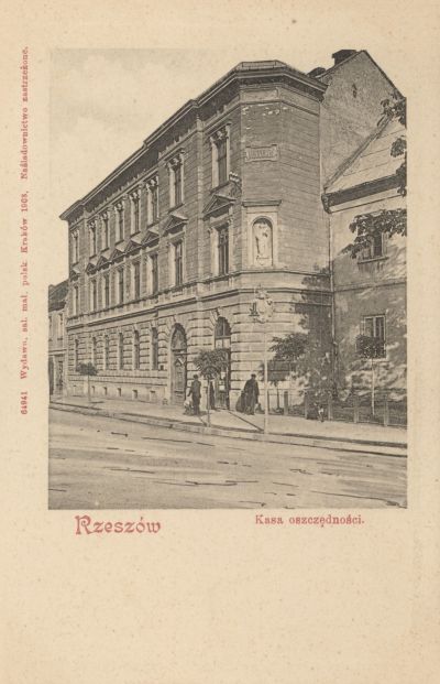 Budynek Komunalnej Kasy Oszczędności z lat 1890-1892 na poczt&oacute;wce z  1903 r. Zbiory Galerii Fotografii Miasta Rzeszowa